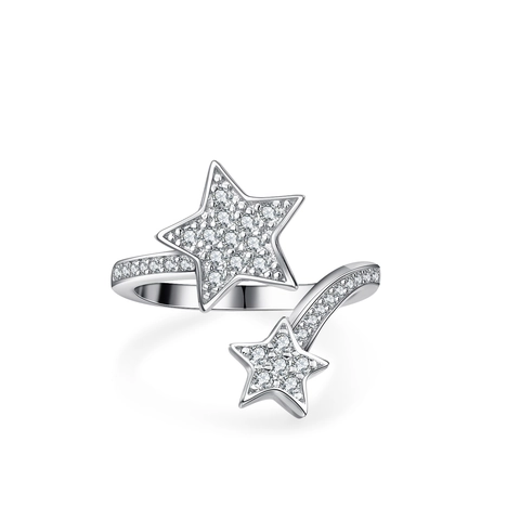 925 Sterling Zilver Moissaniet Ster Ring Verstelbare Open Dubbele Ster Ring Voor Dames Strass Mode Sieraden Cadeau