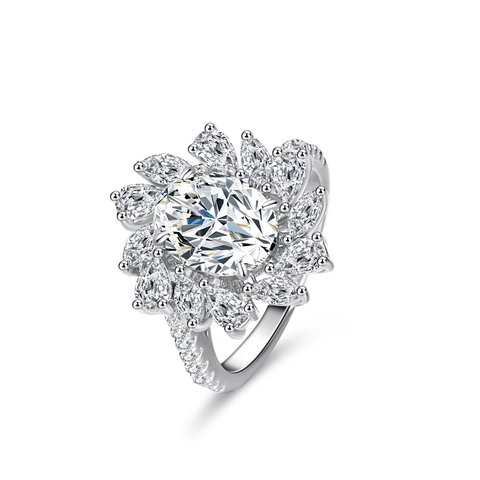 S925 Sterling Silver Oval Cut Moissanite Sunflower Ring For Women Luxurious D Color Moissanite Engagement Ring Jewelry