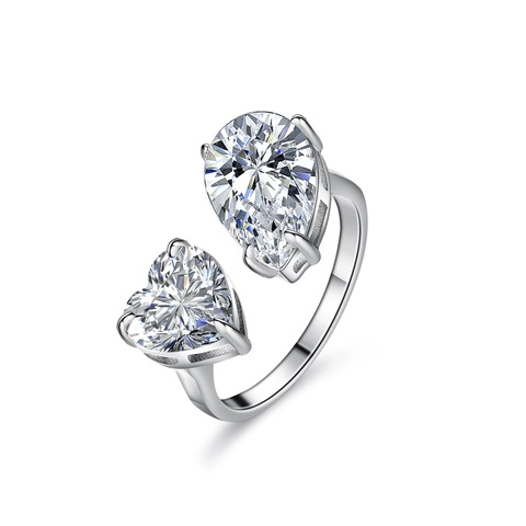Luxurious 925 Sterling Silver Moissanite Heart Pear Shape Toi Et Moi Adjustable Open Ring For Women Wedding Jewelry Gift