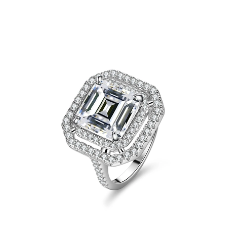 Luxury Emerald Cut Moissanite Ring 925 Sterling Silver Double Halo Pave Band Engagement Wedding Ring Jewelry For Women