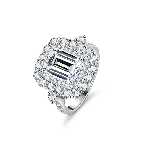 925 Sterling Silver Emerald Cut Moissanite Ring Luxury Double Halo Engagement Wedding Ring For Women With GRA Certificate