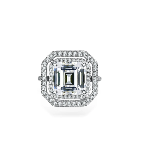 Luxury Emerald Cut Moissanite Ring 925 Sterling Silver Double Halo Pave Band Engagement Wedding Ring Jewelry For Women