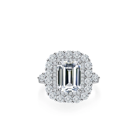 925 Sterling Silver Emerald Cut Moissanite Ring Luxury Double Halo Engagement Wedding Ring For Women With GRA Certificate