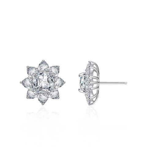 925 Sterling Silver Moissanite Stud Earrings For Women Square Princess Cut Sunflower Shape Wedding Bridal Fine Jewelry