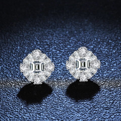 925 Sterling Silver Moissanite Stud Earrings Square Emerald Cut Four Prong Moissanite Earrings For Women Wedding Jewelry