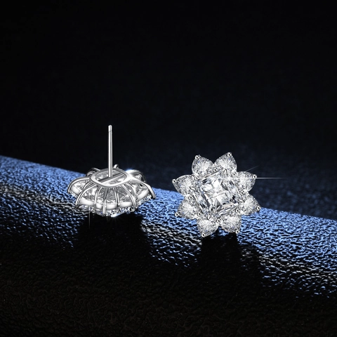 925 Sterling Silver Moissanite Stud Earrings For Women Square Princess Cut Sunflower Shape Wedding Bridal Fine Jewelry