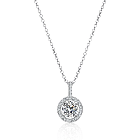 925 Sterlingsilber Moissanit Zirkonia Halo Anhänger Halskette Für Damen Klassisch Elegant Rund Solitär Schlüsselbeinschmuck Geschenk
