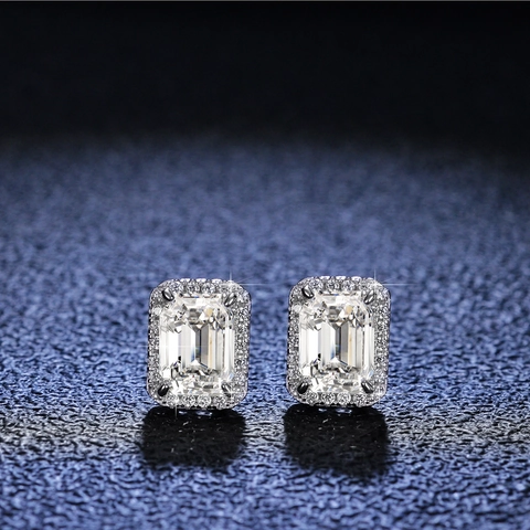 Elegante 925 Sterling Silber Smaragdschliff Moissanit Halo Ohrstecker Luxus Geometrische Rechteckige Glitzernde Ohrringe Schmuck Geschenk Damen
