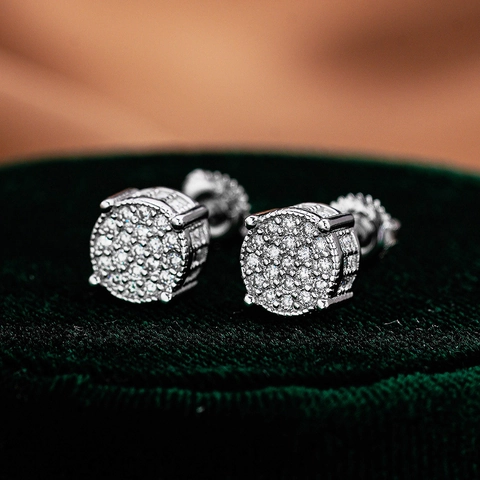 925 Argento Sterling Tondo Orecchini a Bottone Moissanite Hip Hop Iced Out Chiusura a Vite Gioielli Donna Uomo Regalo