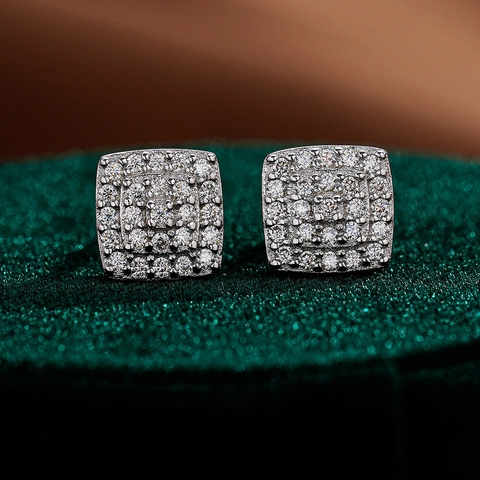 925 Sterling Silver Square Moissanite Stud Earrings Pave Inlaid Geometric Screw Back Unisex Hip Hop Fashion Jewelry Ear Piercing