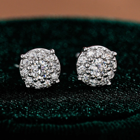 Boucles d'Oreilles Clous Moissanite en Argent Sterling 925 Rond Halo Hip Hop Bijoux pour Hommes Femmes Avec Fermoir à Vis GRA