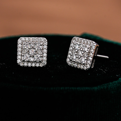 Hip Hop 925 Sterling Silver Moissanite Stud Earrings Square Cluster D Color Inlaid Screw Back Earrings For Men Women Jewelry