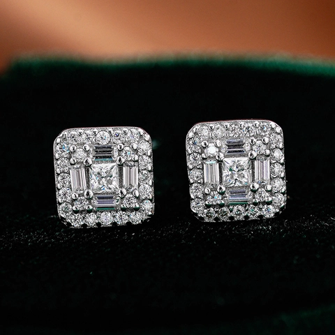 S925 Sterling Silver Moissanite Stud Earrings Square Halo Hip Hop Jewelry For Women Men Luxurious Gold Silver Earrings