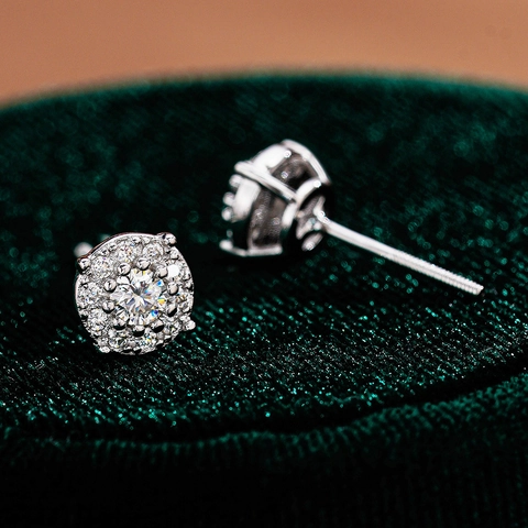 Boucles d'Oreilles Clous Moissanite en Argent Sterling 925 Rond Halo Hip Hop Bijoux pour Hommes Femmes Avec Fermoir à Vis GRA