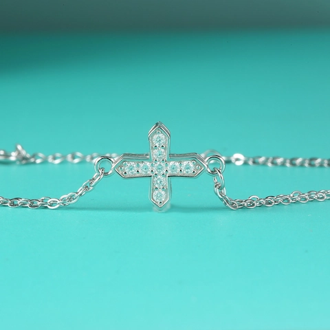 925 Sterling Silver Cross Bracelet For Women D Color Moissanite Inlaid Double Chain Adjustable Simple Elegant Jewelry Gift