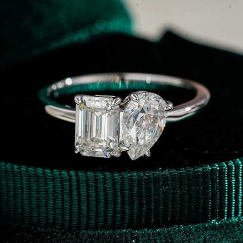 925 Sterling Silver Moissanite Ring Toi Et Moi Double Stone Emerald Pear Cut Anniversary Wedding Jewelry For Women