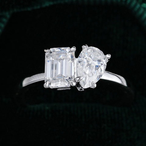 925 Sterling Silver Moissanite Ring Toi Et Moi Double Stone Emerald Pear Cut Anniversary Wedding Jewelry For Women