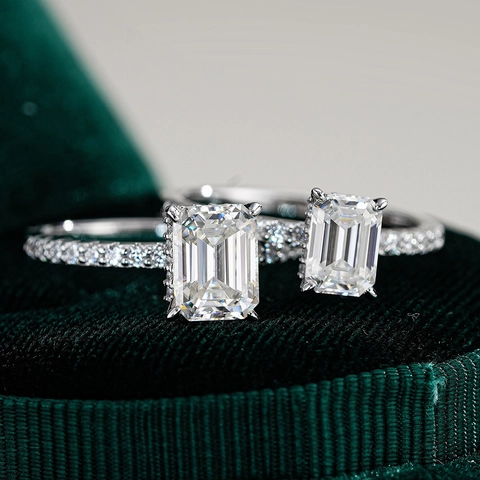 925 Sterling Zilveren Emerald Slijpvorm Moissaniet Ring Voor Dames Luxe Pave Zetting Rechthoekige Verlovingsring Sieraden