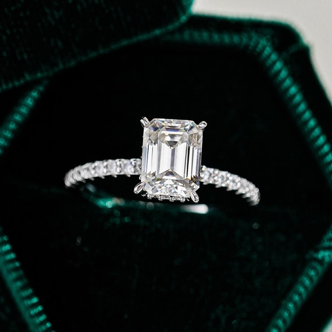 925 Sterling Zilveren Emerald Slijpvorm Moissaniet Ring Voor Dames Luxe Pave Zetting Rechthoekige Verlovingsring Sieraden