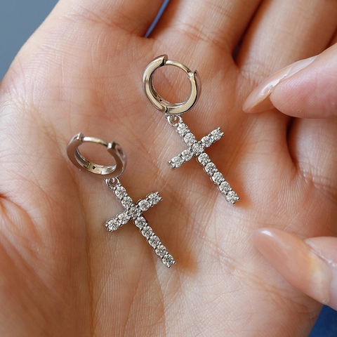 925 Sterling Silver Moissanite Cross Drop Earrings For Women Classic Hoop Dainty Cross Earrings With GRA Certificate Jewelry Gift