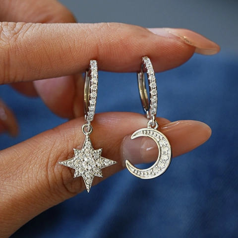 925 Sterling Silver Moissanite Star Moon Hoop Earrings For Women Asymmetric Celestial Huggie Earrings With GRA Certificate Jewelry Gift