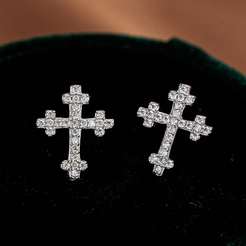 Orecchini a Bottone a Croce in Argento Sterling 925 Moissanite per Donna Gioielli Gotici Religiosi con Strass Lussuosi