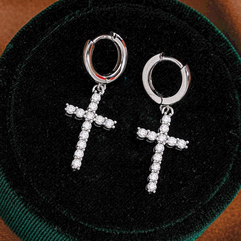 925 Sterling Silver Moissanite Cross Drop Earrings For Women Classic Hoop Dainty Cross Earrings With GRA Certificate Jewelry Gift