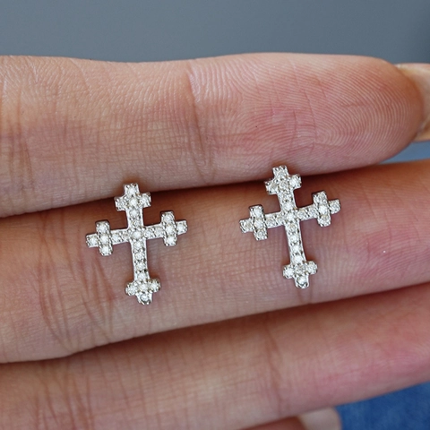 Orecchini a Bottone a Croce in Argento Sterling 925 Moissanite per Donna Gioielli Gotici Religiosi con Strass Lussuosi
