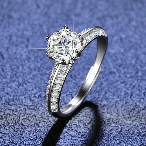 925 Sterling Zilver Moissaniet Ring Voor Dames Rond Geslepen Glinsterende Strass Verloving Verstelbare Open Ring Sieraden Cadeau