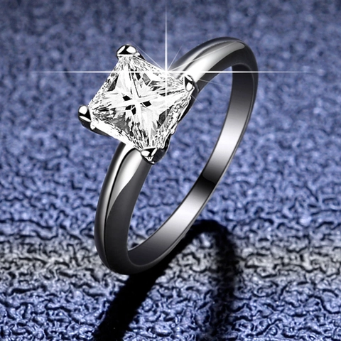 Anillo de Plata de Ley 925 Moissanita Corte Cuadrado Princesa Engaste de Cuatro Garras Circonia Ajustable Anillo de Moda Mujer Joyería