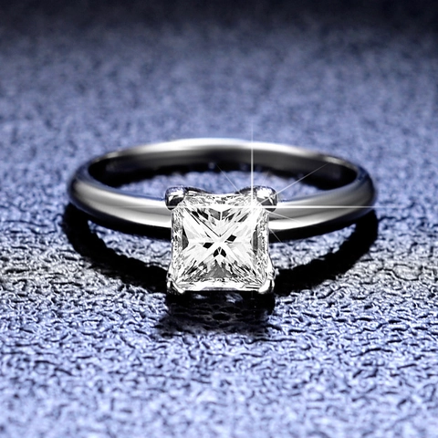 Anillo de Plata de Ley 925 Moissanita Corte Cuadrado Princesa Engaste de Cuatro Garras Circonia Ajustable Anillo de Moda Mujer Joyería