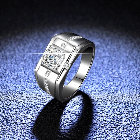 Luxury 925 Sterling Silver Moissanite Zirconia Men Ring D Color Round Cut Wedding Band Platinum Plated Jewelry Finger Ring