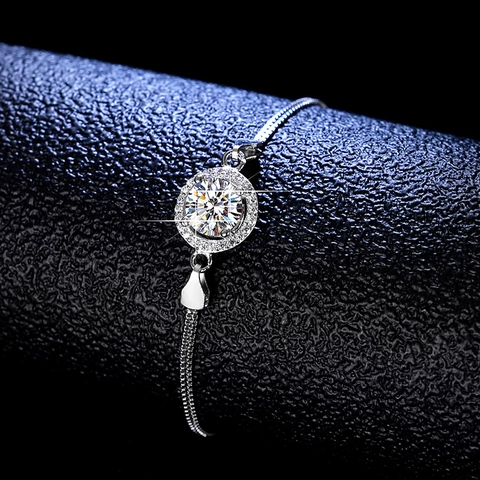 925 Sterling Silver Moissanite Zirconia Bracelet Round Halo Stone Setting Snake Chain Minimalist Jewelry For Women Gift