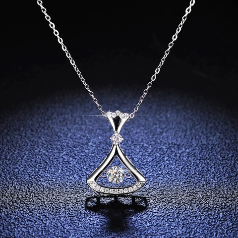 925 Sterling Silver Moissanite Dancing Stone Necklace For Women Elegant Fan Skirt Shape Zirconia Pendant Clavicle Chain