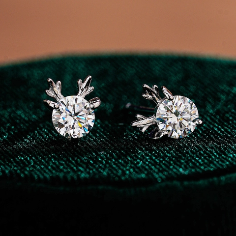 925 Sterling Silver Reindeer Antler Stud Earrings For Women Moissanite Zirconia Christmas Deer Earrings Fine Jewelry Gift