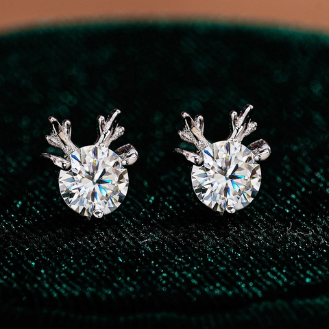 925 Sterling Silver Reindeer Antler Stud Earrings For Women Moissanite Zirconia Christmas Deer Earrings Fine Jewelry Gift