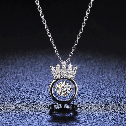 925 Sterling Silver Crown Dancing Moissanite Zirconia Pendant Necklace For Women Crown Heart Shape Box Chain Jewelry