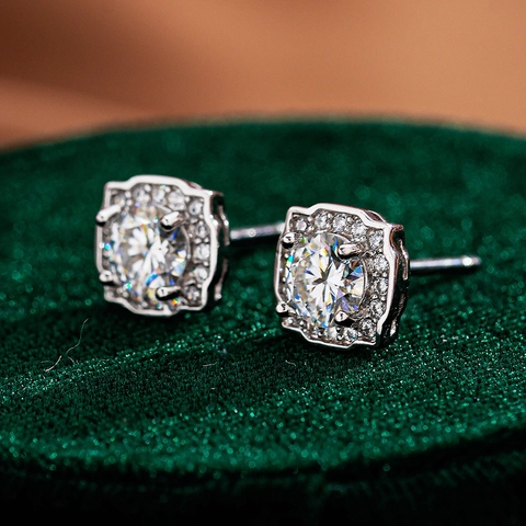 925 Sterling Silver Square Halo Moissanite Stud Earrings Classic Luxurious Zirconia Earrings Jewelry For Women Wedding Party