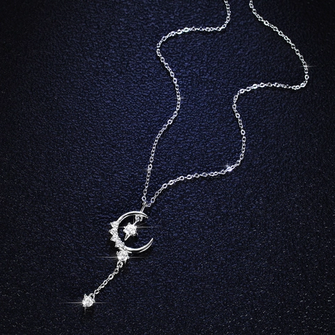 925 Sterling Silver Moissanite Pendant Necklace For Women Star Moon Tassel Minimalist Clavicle Snake Chain Fashion Jewelry