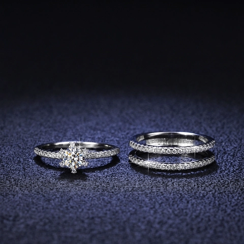 Bague en Argent Sterling 925 Moissanite Zirconia Sertie Couronne Triple Bande Mariage Fiançailles Femme Bijoux de Luxe