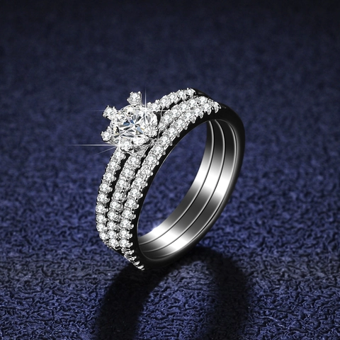 Bague en Argent Sterling 925 Moissanite Zirconia Sertie Couronne Triple Bande Mariage Fiançailles Femme Bijoux de Luxe