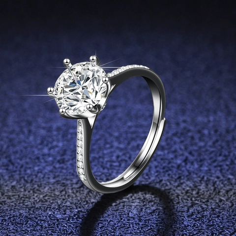 Bague Moissanite en Argent Sterling 925 Six Griffes Couronne Zirconia Réglable Bague Fiançaille Mariage Femme Bijoux Cadeau