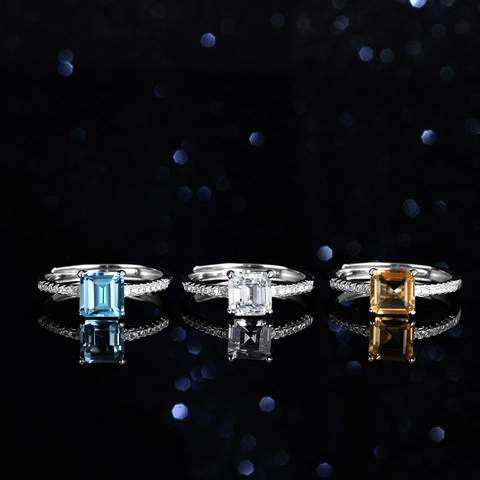 925 Sterling Zilveren Smaragd Slijpvorm Moissaniet Ring Voor Vrouwen Blauw Topaas Citrien Verstelbare Open Ring Luxe Sieraden Cadeau