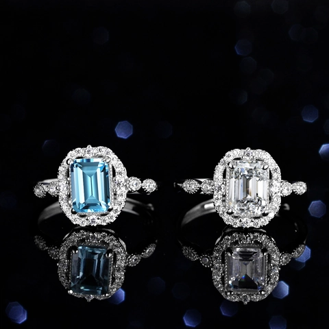 925 Sterlingsilber Ring Damen Smaragdschliff Blauer Topas Moissanit Halo Verstellbar Edler Schmuck Verlobungsring Geschenk