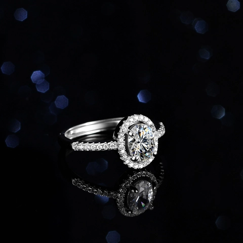 925 Sterling Zilveren Ovalen Blauwe Topaas Ronde Moissaniet Halo Verstelbare Open Ring Voor Dames Elegante Sieraden