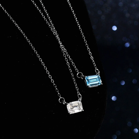 925 Sterling Silver Natural Blue Topaz Moissanite Pendant Necklace For Women Elegant Emerald Cut Rectangular Clavicle Chain Jewelry