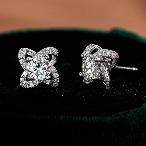 S925 Sterling Silver Moissanite Four-Leaf Clover Stud Earrings Elegant D Color Sparkling Gemstone Jewelry For Women Wedding Gift