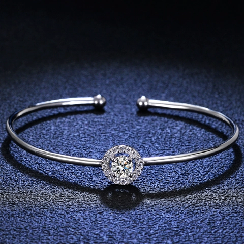 925 Sterlingsilber Moissanit Armreif Damen Luxus Rund Halo Zirkonia Armband Verstellbar Offener Manschette Schmuck Hochzeit Geschenk