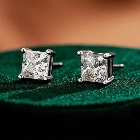 925 Sterling Silver Princess Cut Moissanite Stud Earrings For Women Square Four Prong Wedding Party Fine Jewelry Gift