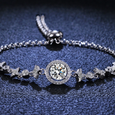 Bracciale in Argento Sterling 925 con Moissanite per Donna Chiusura Bolo Regolabile Moissanite Taglio Rotondo Catena a Stella Gioielli Eleganti Regalo di Anniversario